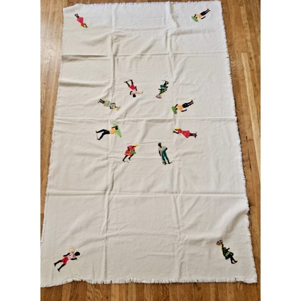 VtgCaribbean hand stitched embroidered tablecloth JAMAICAN FOLK ART linen 42x70" - Picture 2 of 9